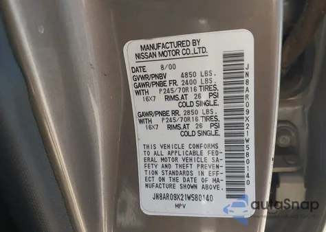 2001 Nissan Pathfinder Xe from USA, damaged, VIN JN8AR09X21W580140